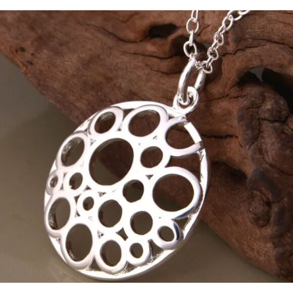 .925 Sterling Silver Bubble Circles Round Pendant 16" Fine Chain Necklace - Picture 1 of 4